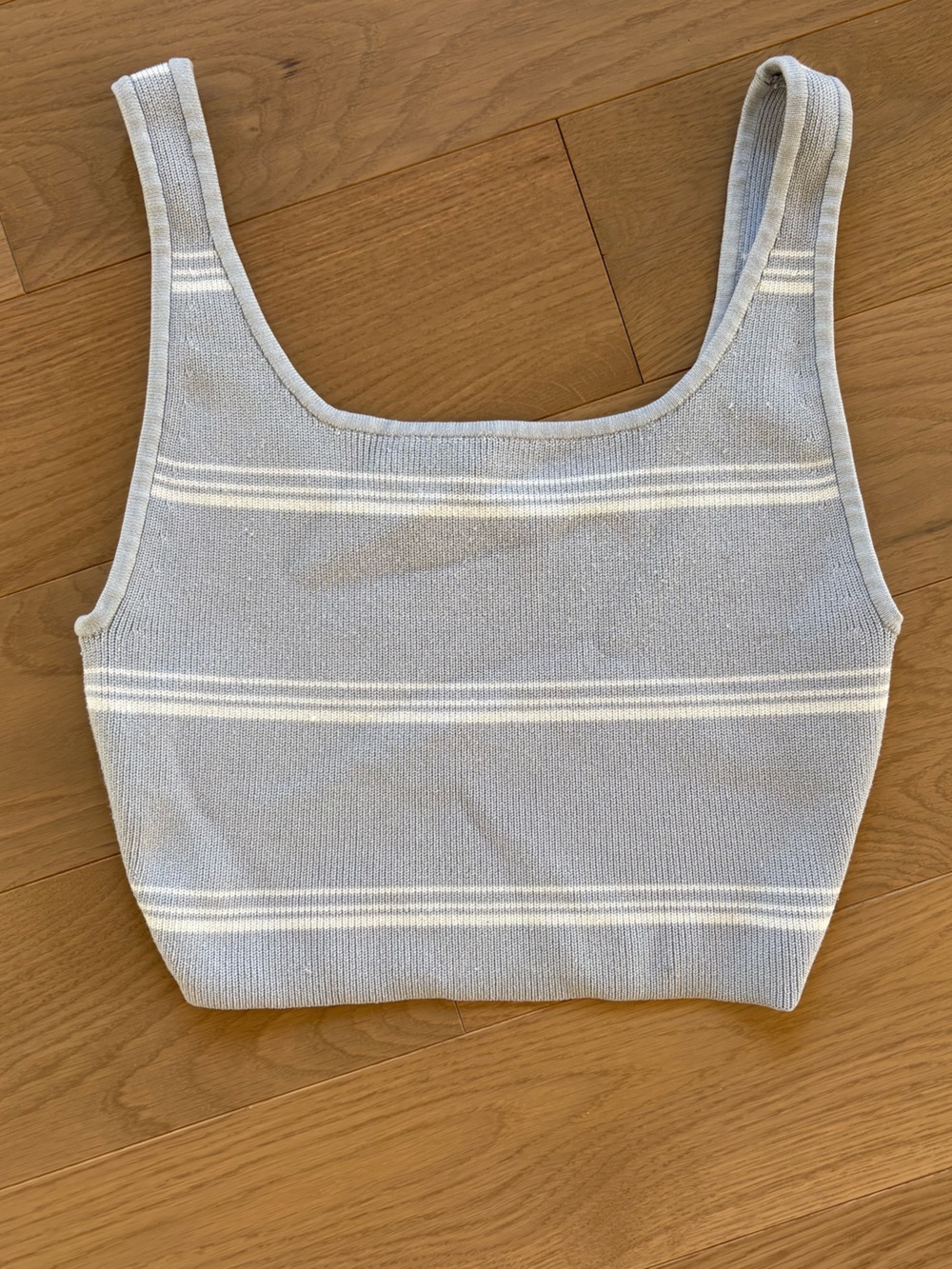 Babaton Light Blue and White Striped Knit Crop Tank